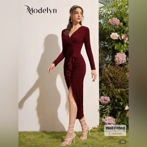 SHEIN Burgundy Long Sleeve Draped Dress